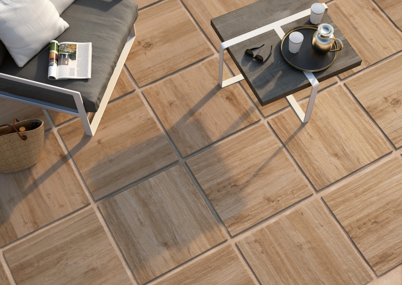 Marazzi Treverkhome – gres imitujący drewno w jasnym salonie w stylu skandynawskim
