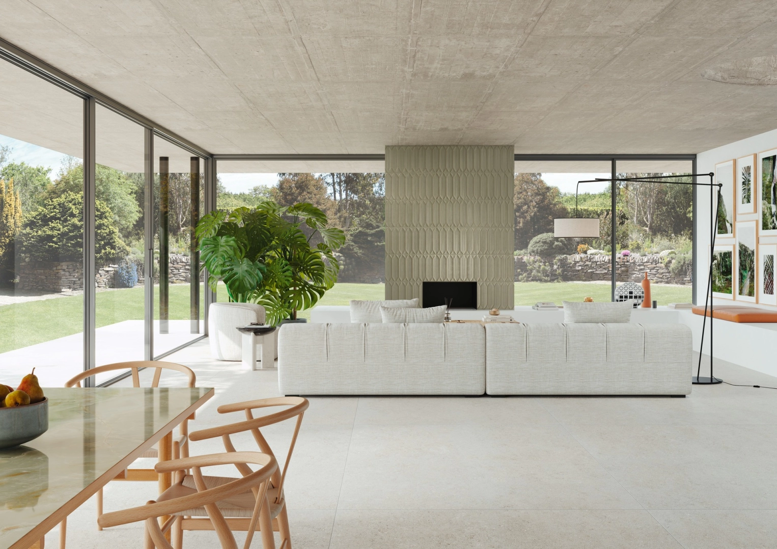 Płytki Marazzi Mystone Berici imitujące kamień naturalny w eleganckim holu i salonie