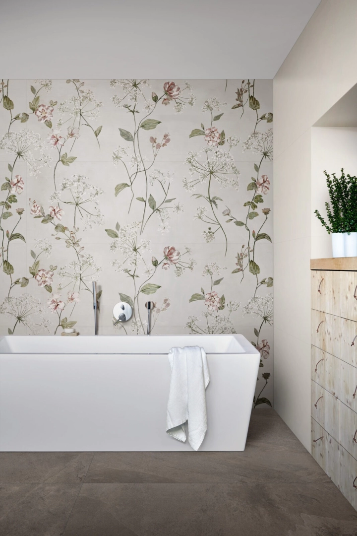Gres porcelanowy Marazzi White Deco kolor w przestronnej strefie dziennej