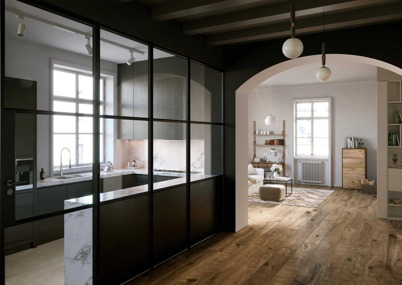 Płytki Marazzi Vero imitujące drewno w eleganckim holu i salonie