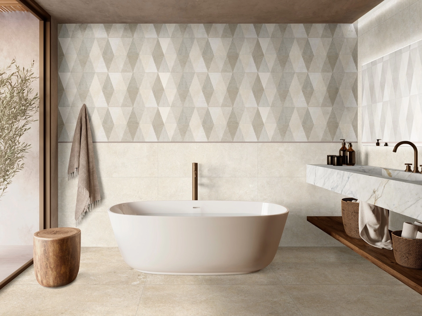 Gres Marazzi Limestone Wall efekt beton w nowoczesnym salonie