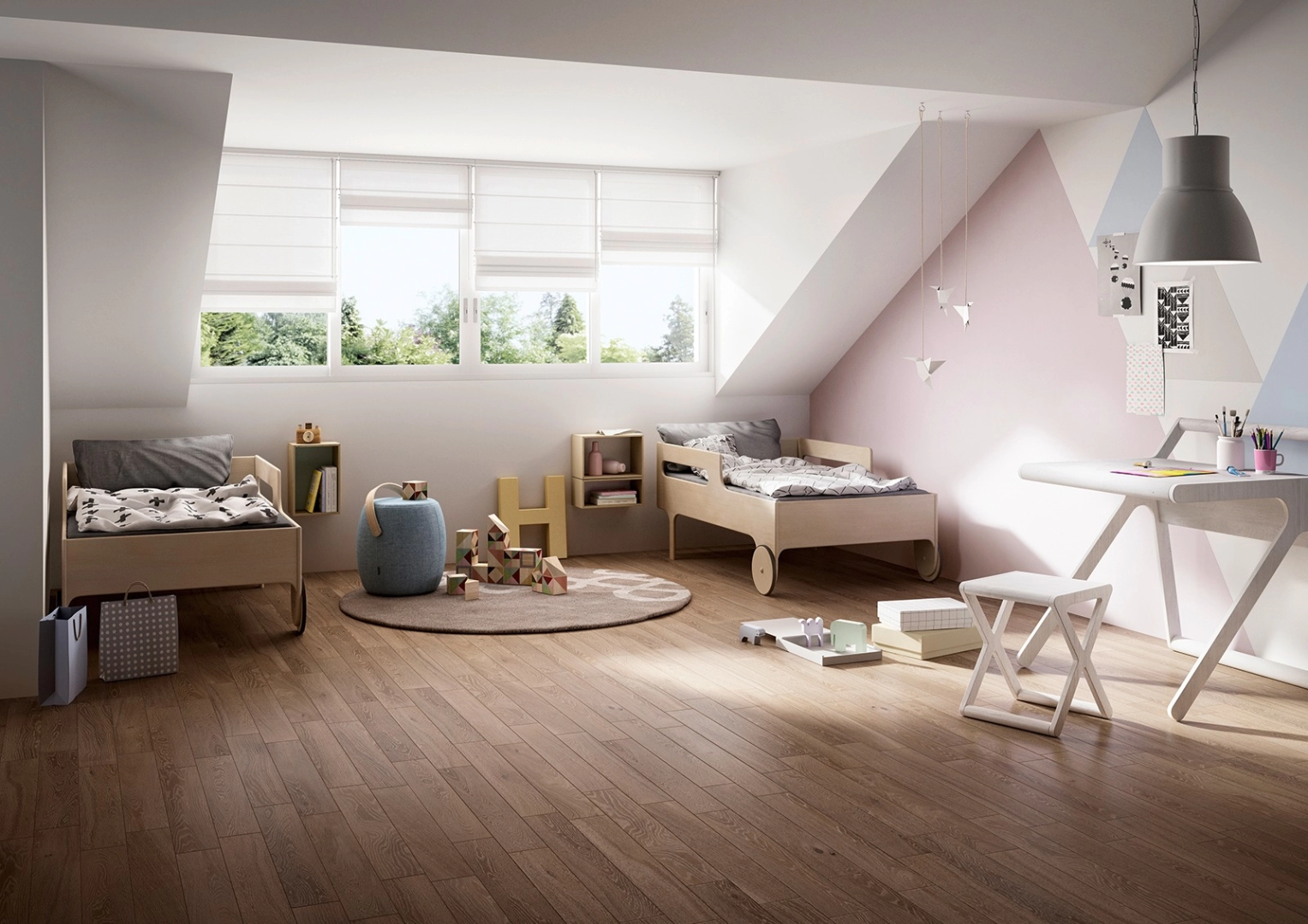 Wielkoformatowy gres Marazzi Treverkcharme efekt drewno w salonie z kominkiem