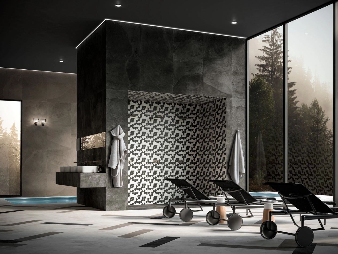 Wielkoformatowy gres Marazzi Mystone Ardesia efekt kamień naturalny w salonie z kominkiem