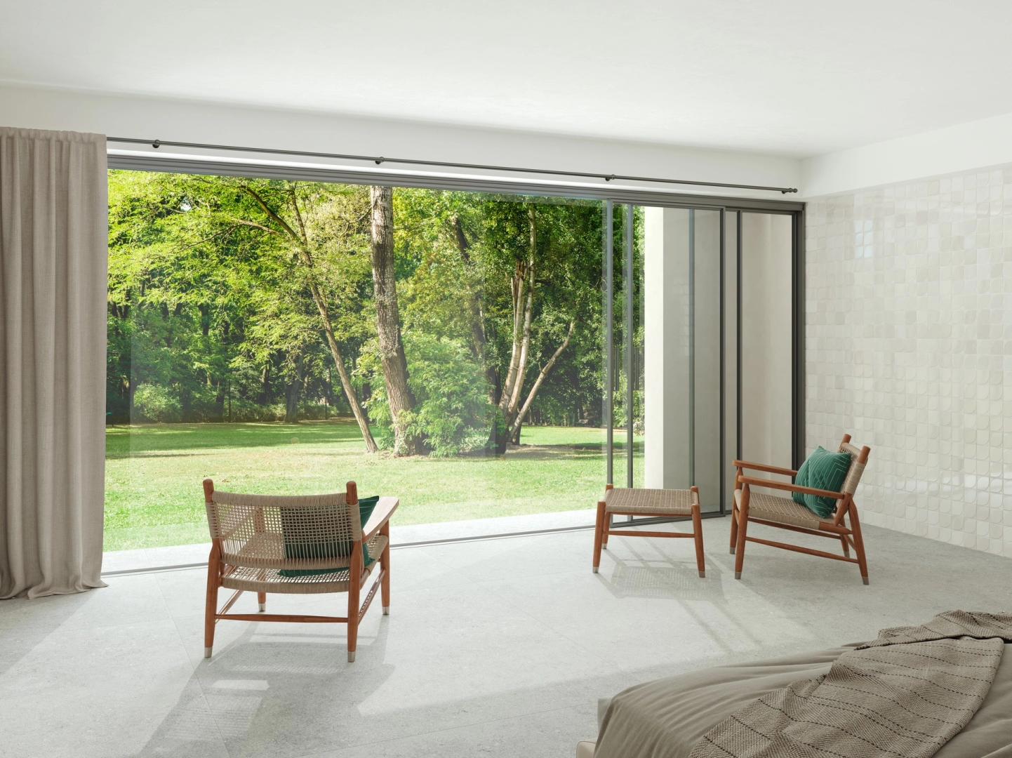 Marazzi Mystone Berici – gres imitujący kamień naturalny w jasnym salonie w stylu skandynawskim