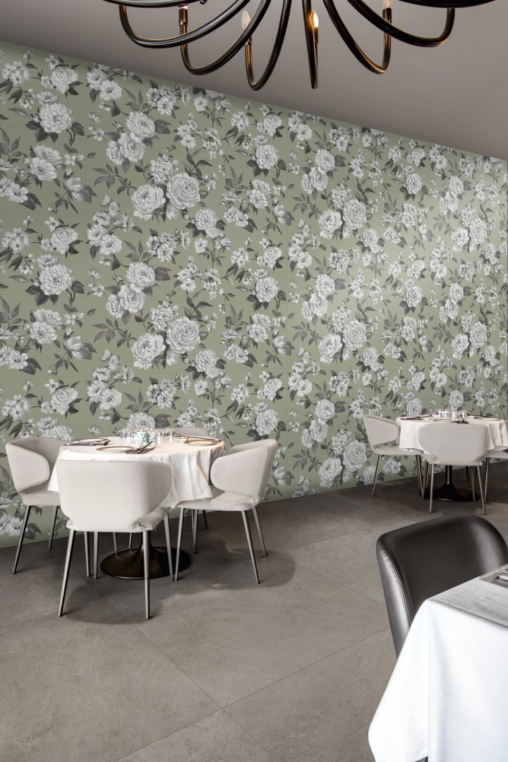 Płytki Marazzi White Deco efekt kolor w salonie z otwartą kuchnią