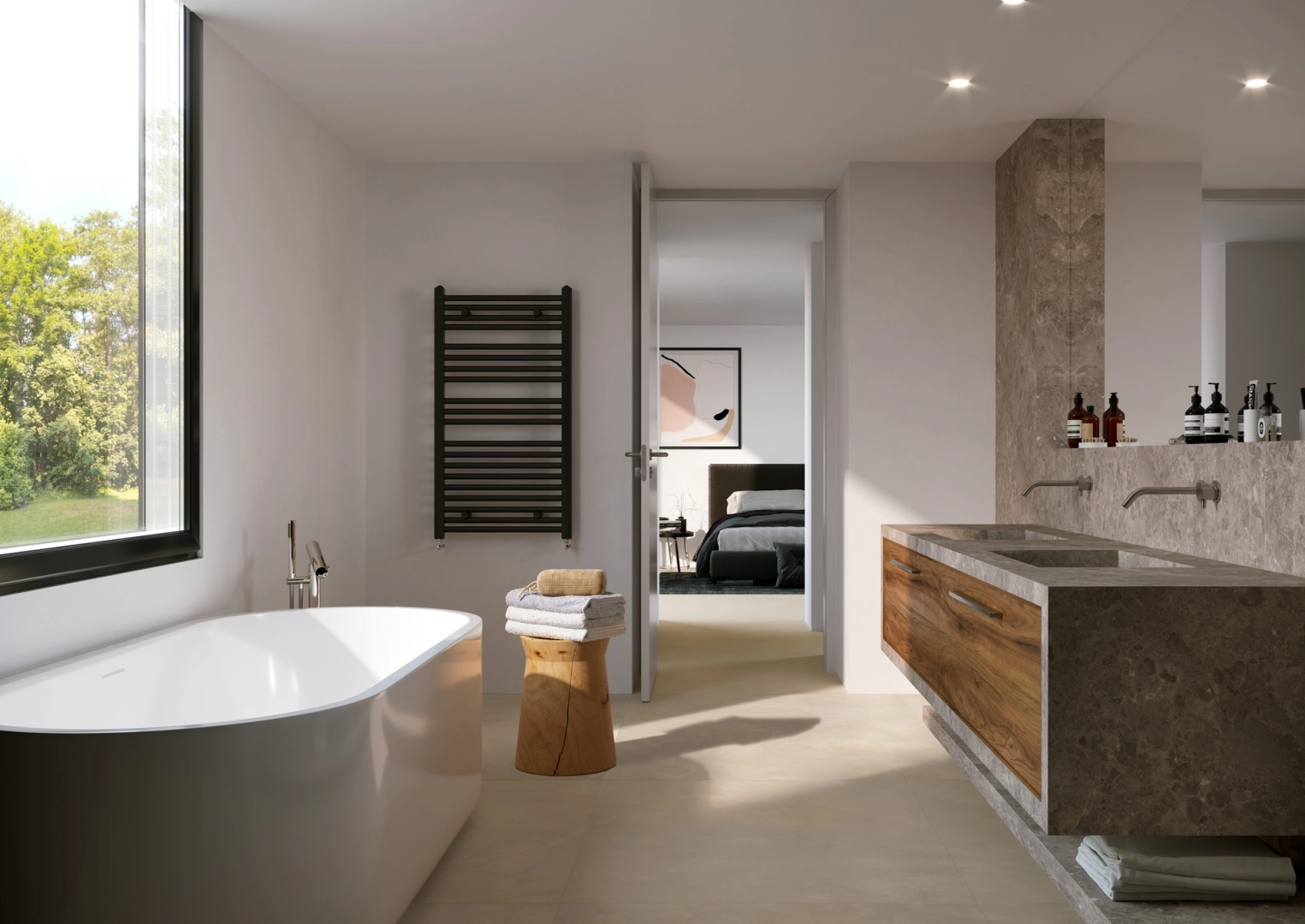 Gres Marazzi Grande Resin Look efekt żywica w nowoczesnym salonie