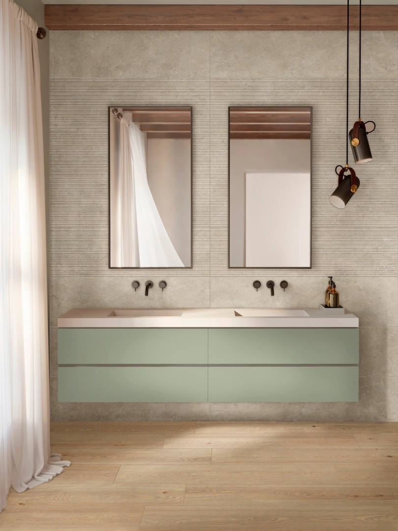 Gres porcelanowy Marazzi Limestone Wall beton w minimalistycznym wnętrzu