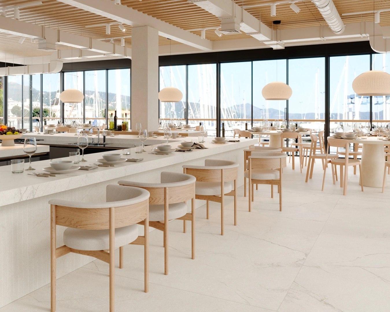 Gres Marazzi Grande Stone Look efekt kamień naturalny w minimalistycznym salonie