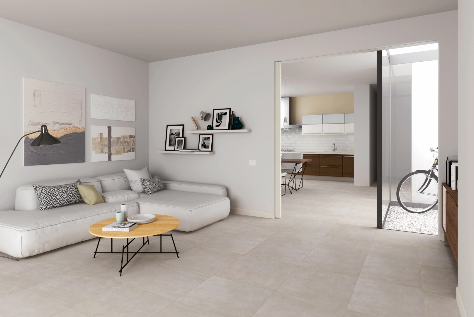 Płytki gresowe Marazzi Dust efekt beton w eleganckim salonie z dużymi przeszkleniami