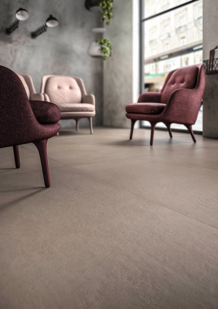 Gres porcelanowy Marazzi Powder beton w minimalistycznym wnętrzu