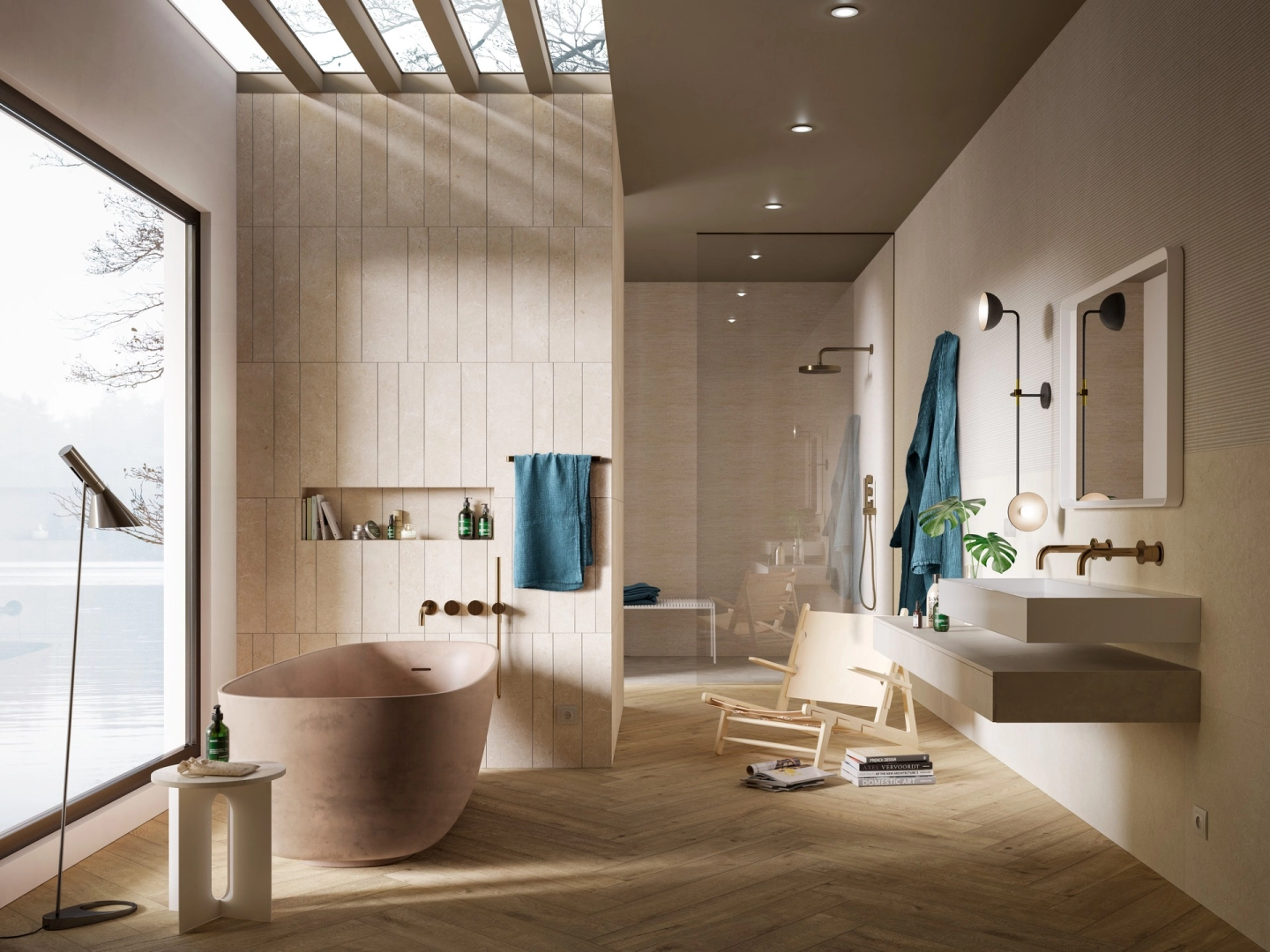 Gres porcelanowy Marazzi Vero drewno w salonie z betonowymi akcentami