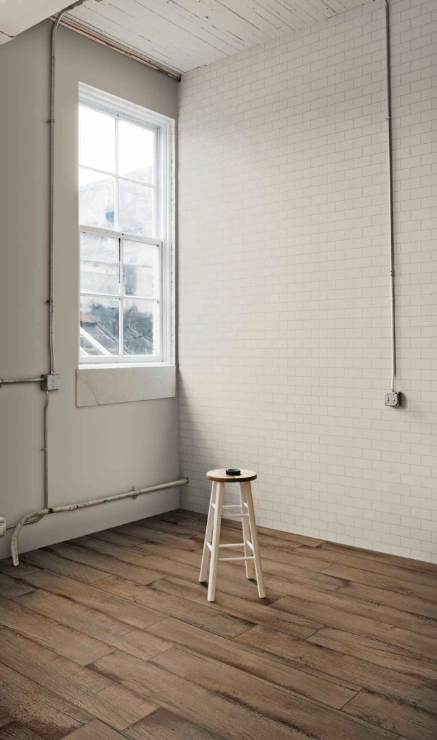 Gres porcelanowy Marazzi Hello cegła w minimalistycznym wnętrzu