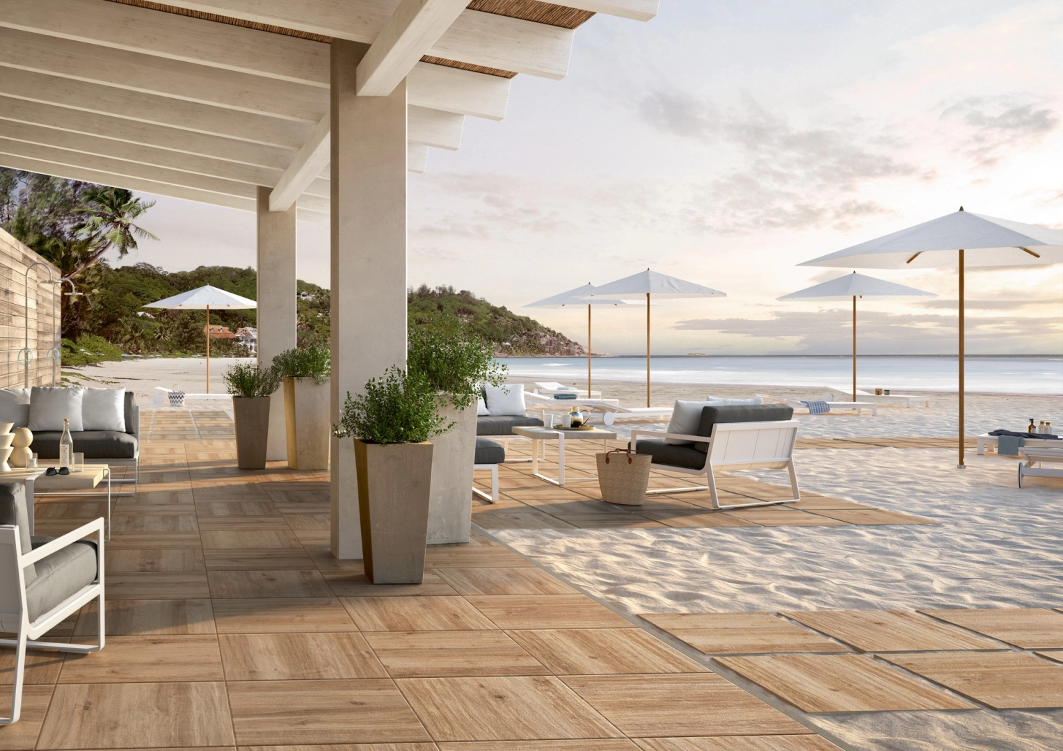 Płytki Marazzi Treverkhome efekt drewno w salonie z otwartą kuchnią