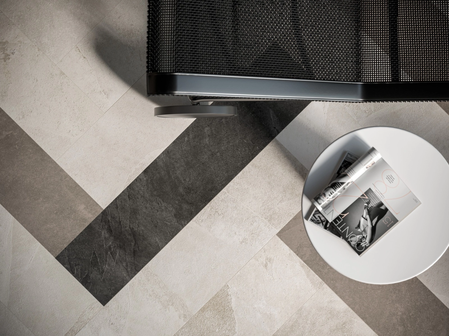 Płytki gresowe Marazzi Mystone Ardesia efekt kamień naturalny w nowoczesnym salonie z drewnianymi akcentami
