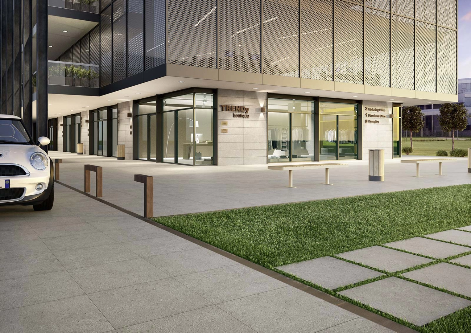 Płytki Marazzi Mystone Gris Fleury efekt kamień naturalny w salonie z otwartą kuchnią
