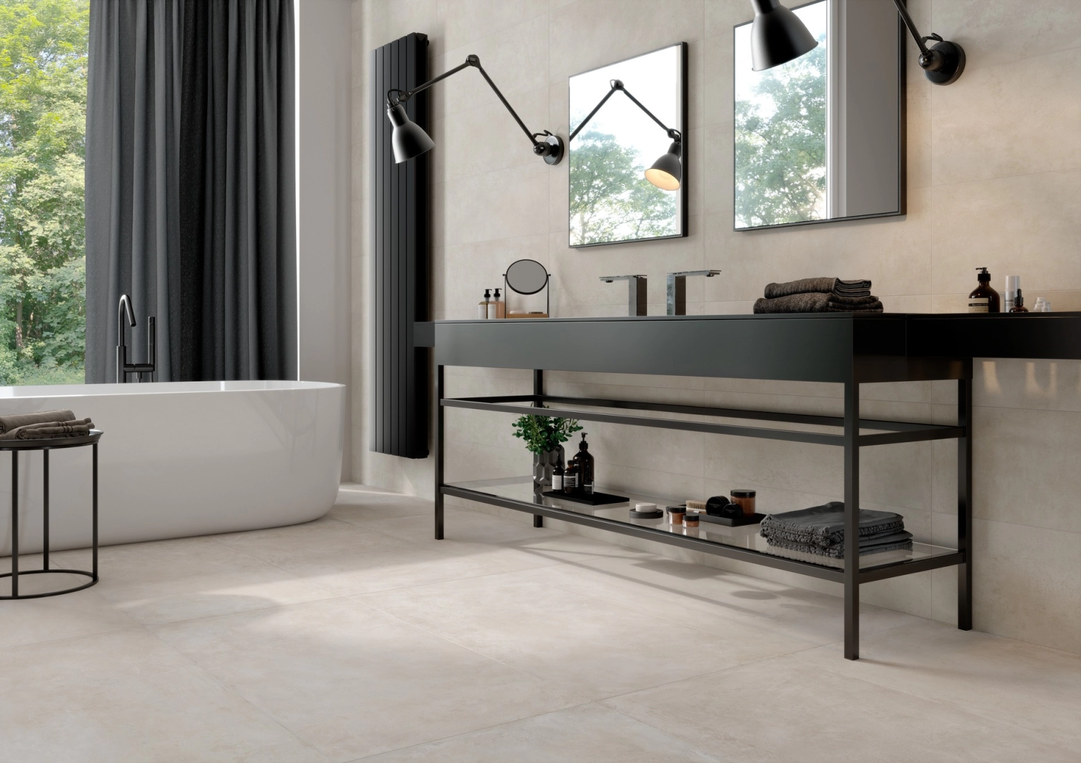 Płytki gresowe Marazzi Plaza efekt beton w nowoczesnym salonie z drewnianymi akcentami