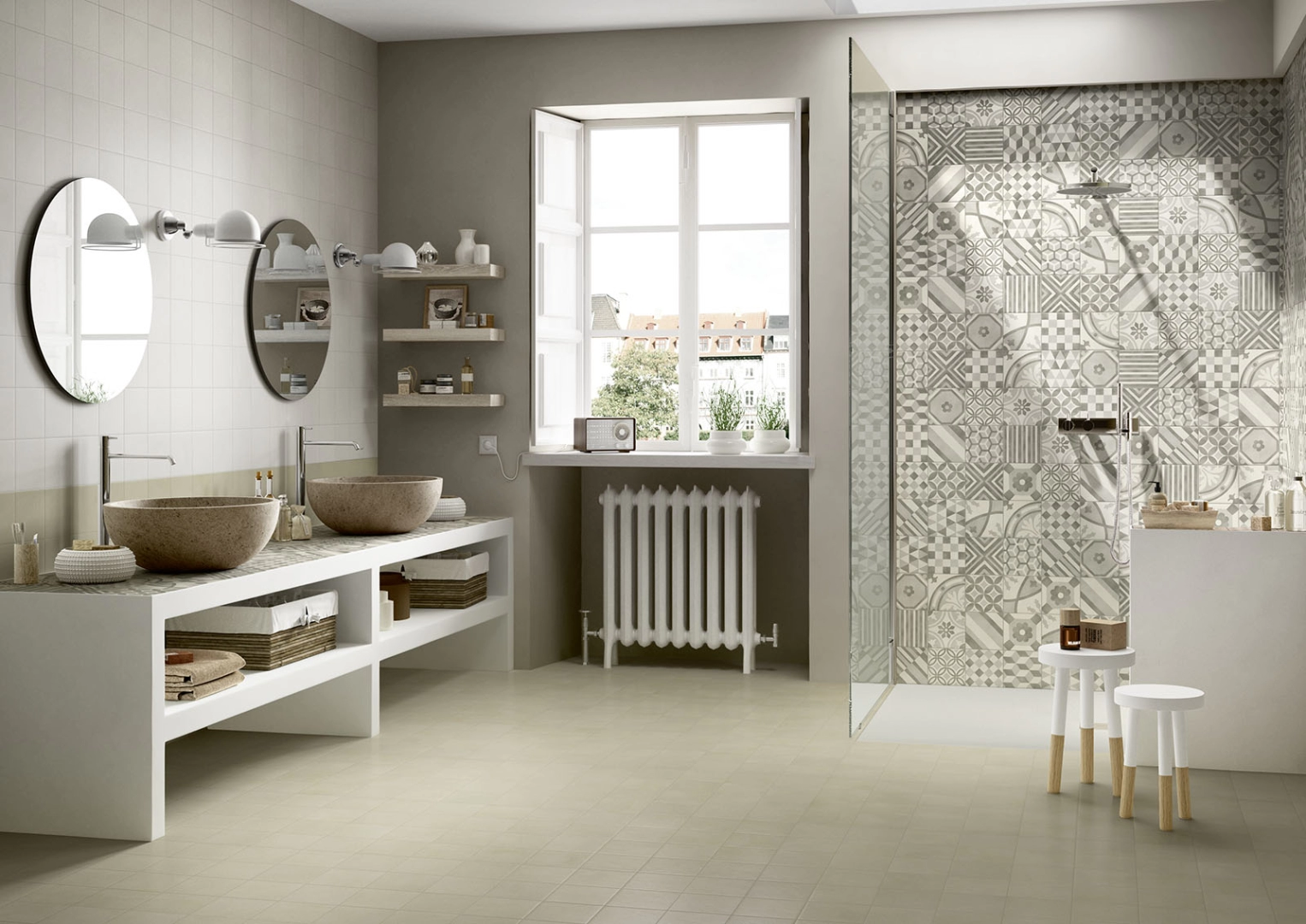 Gres Marazzi Block efekt beton w nowoczesnym salonie