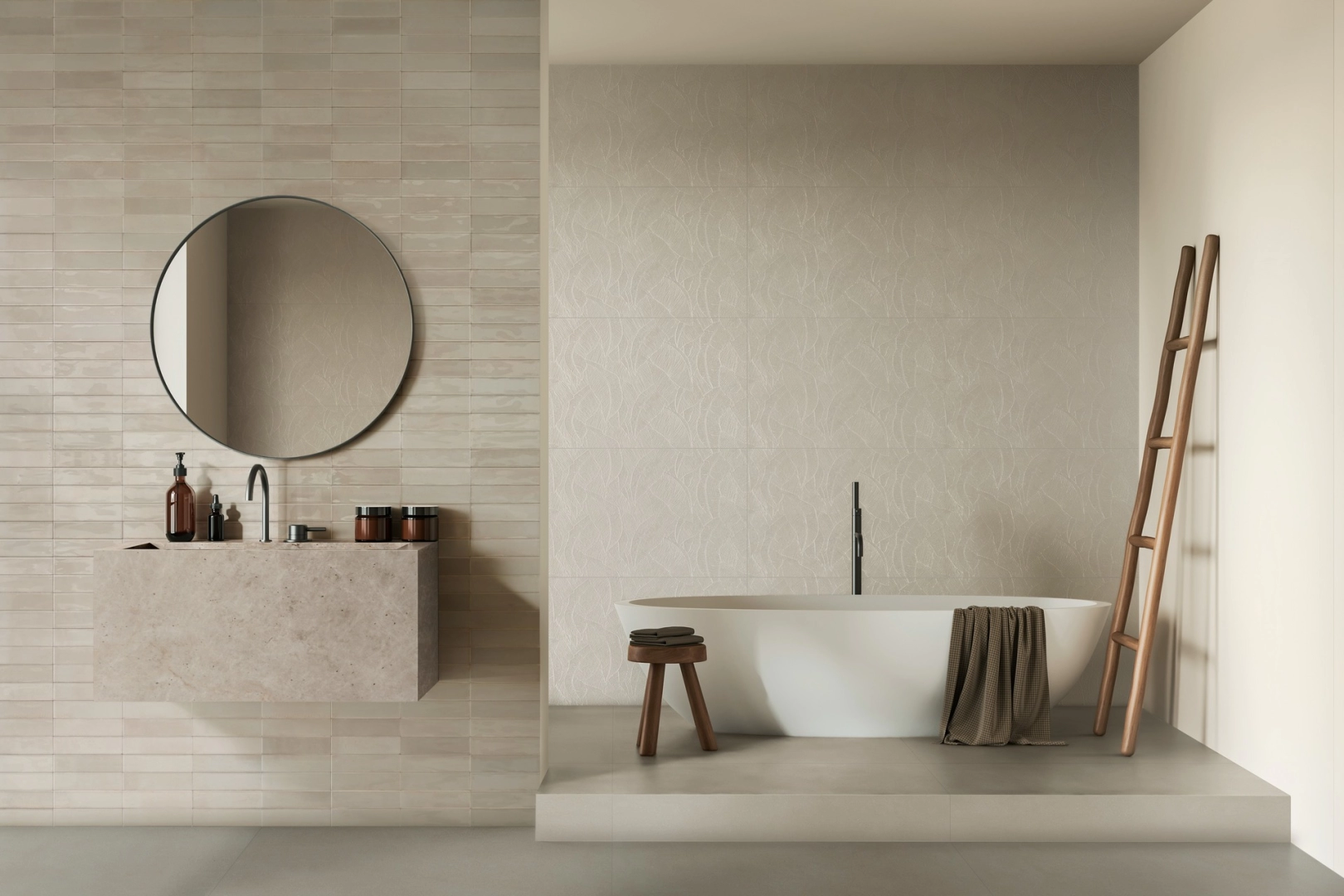 Płytki Marazzi White Deco imitujące kolor w eleganckim holu i salonie