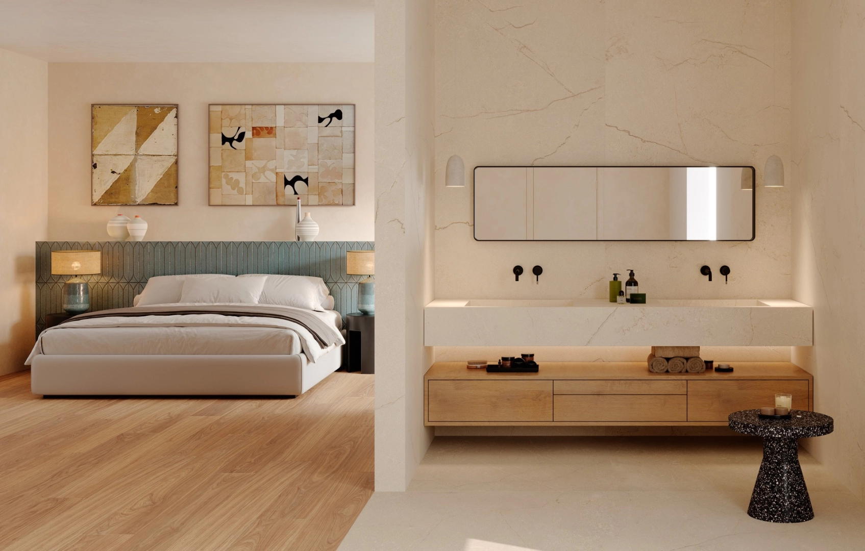 Płytki Marazzi Grande Stone Look efekt kamień naturalny w salonie z otwartą kuchnią