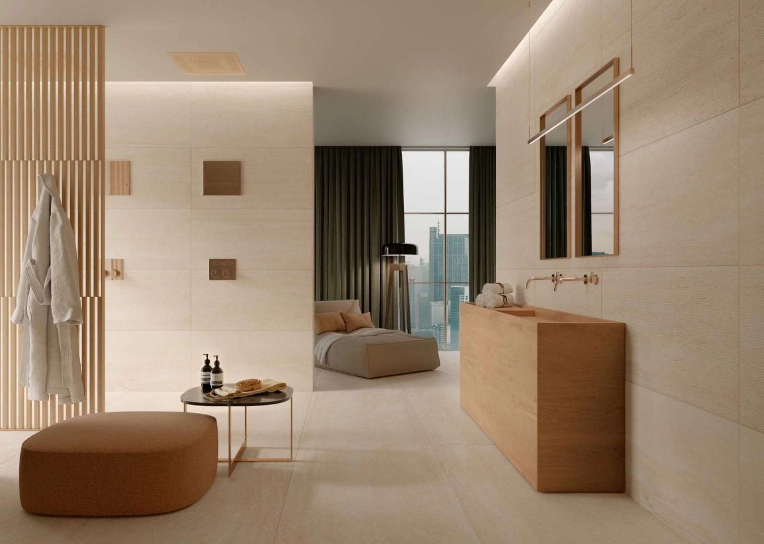 Marazzi Mystone Travertino gres o efekcie kamienia naturalnego w nowoczesnym apartamencie