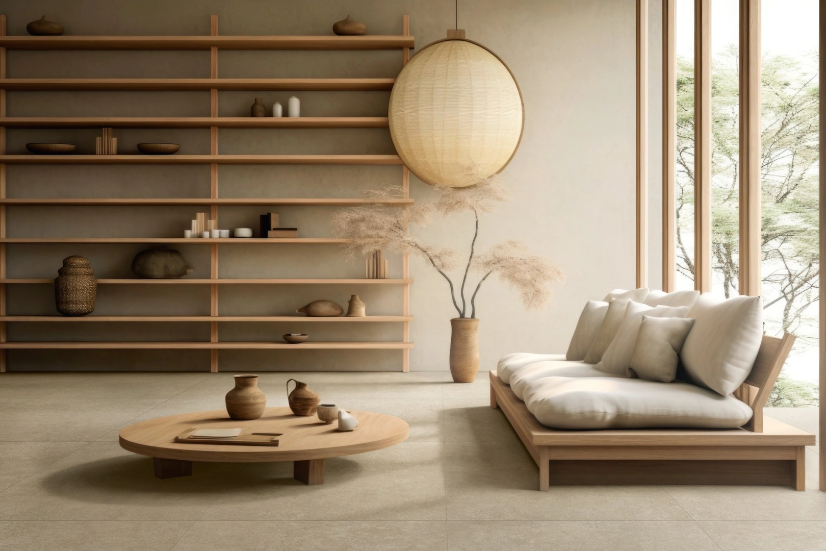 Gres Marazzi Room efekt kamień naturalny w nowoczesnym salonie
