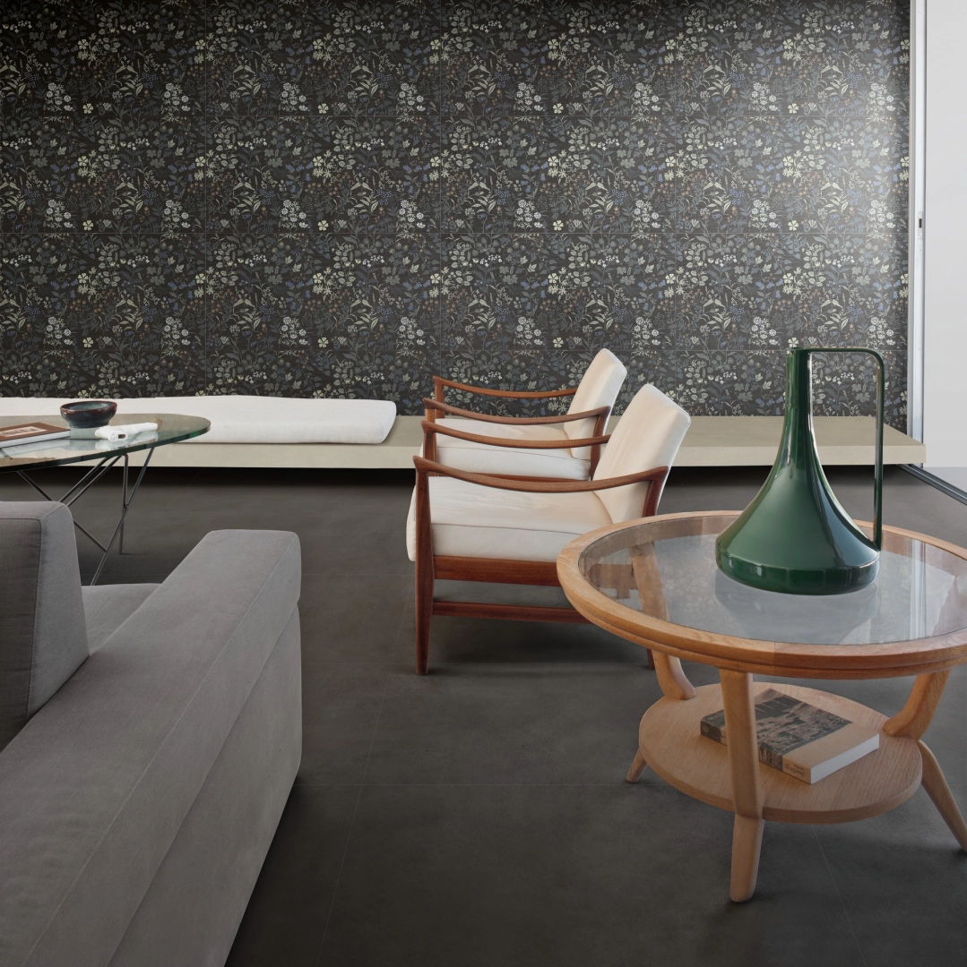 Płytki Marazzi Poster efekt kolor w salonie z otwartą kuchnią