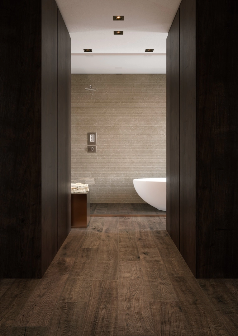 Płytki gresowe Marazzi Vero efekt drewno w nowoczesnym salonie z drewnianymi akcentami