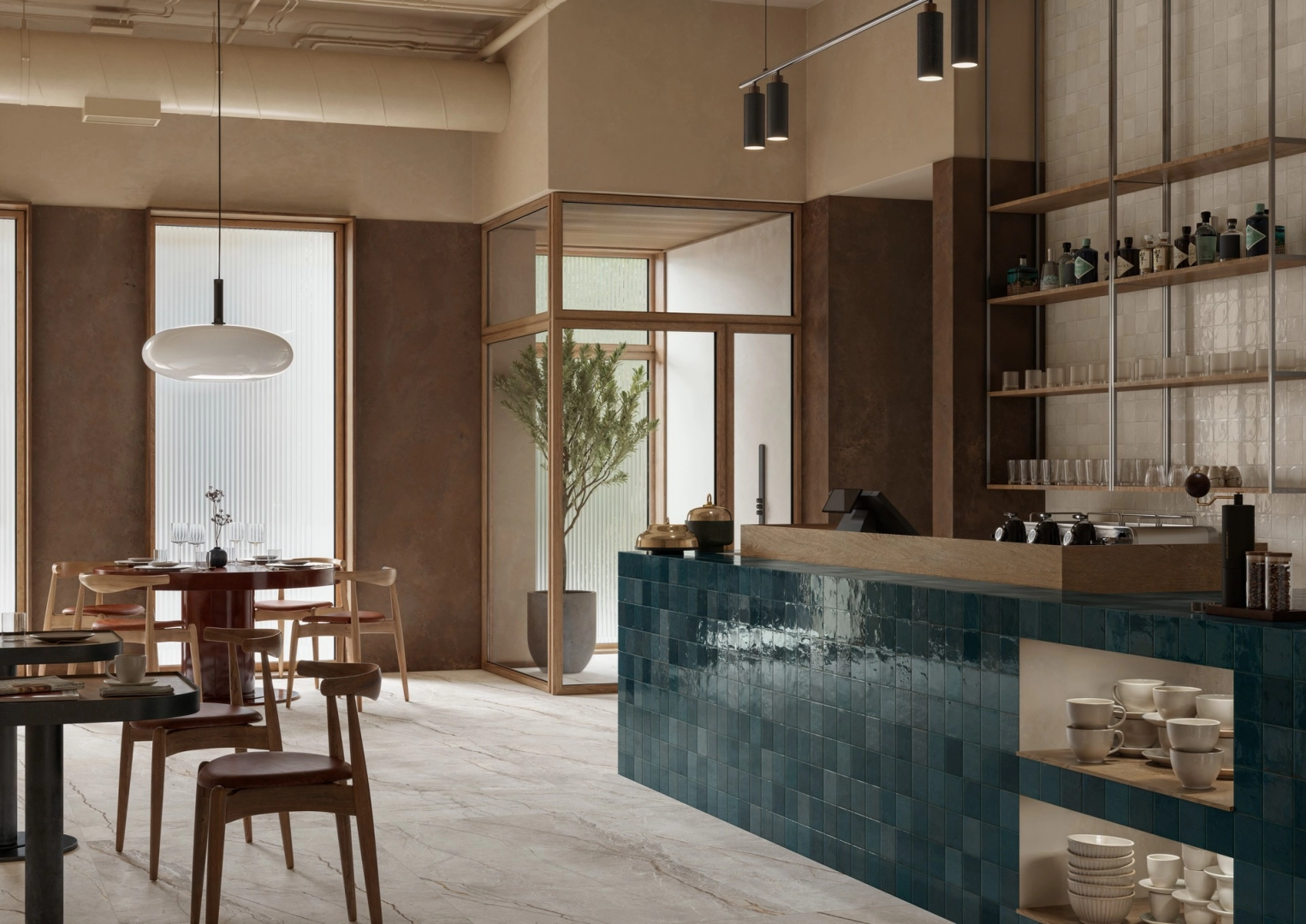 Marazzi Lume gres o efekcie cegły w nowoczesnym domu z otwartą przestrzenią