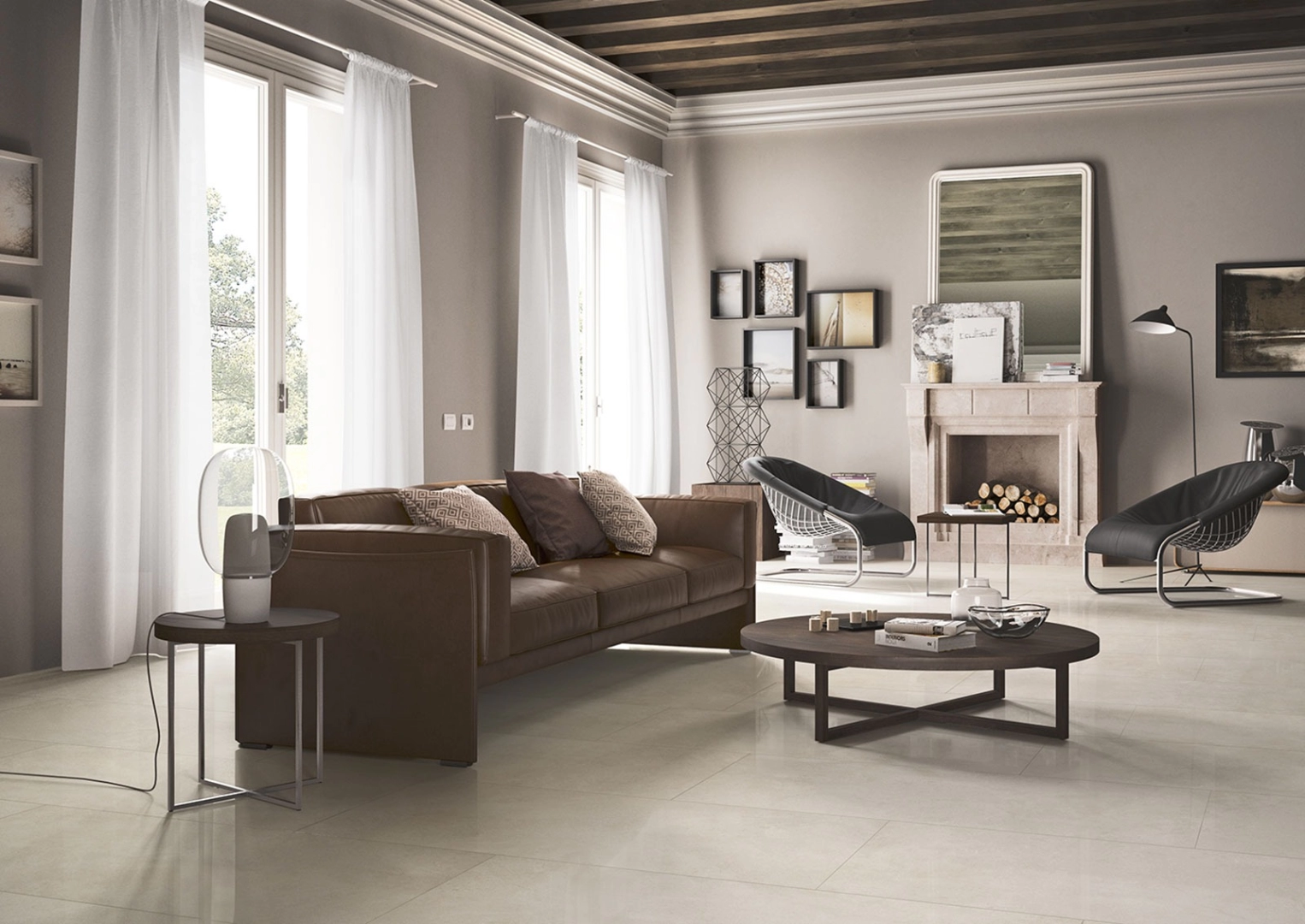 Gres Marazzi Mystone Kashmir efekt kamień naturalny w nowoczesnym salonie