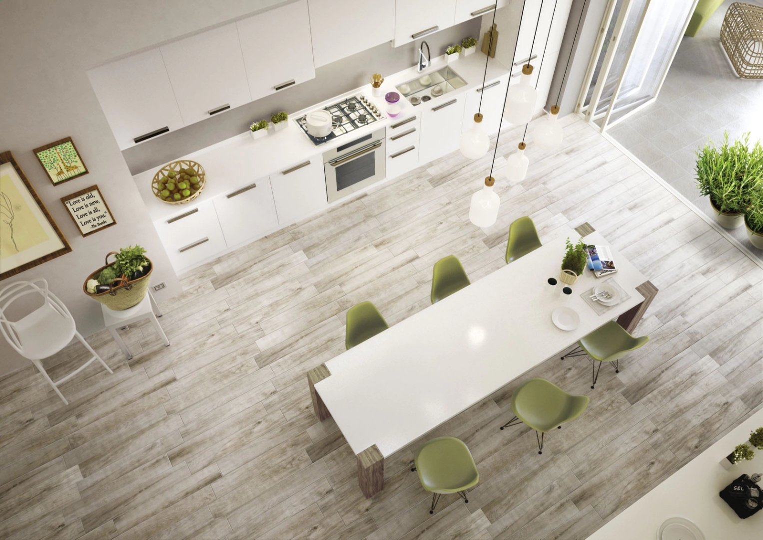 Płytki Marazzi Treverkmood imitujące drewno w eleganckim holu i salonie