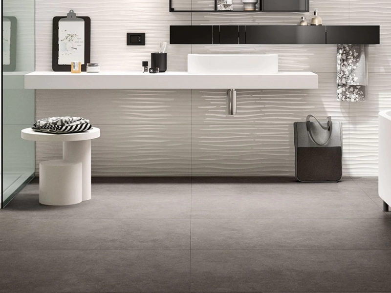 Płytki Marazzi Essenziale efekt kolor w nowoczesnej aranżacji salonu