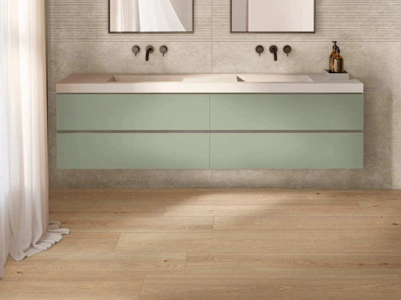 Gres porcelanowy Marazzi Limestone Wall beton w minimalistycznym wnętrzu