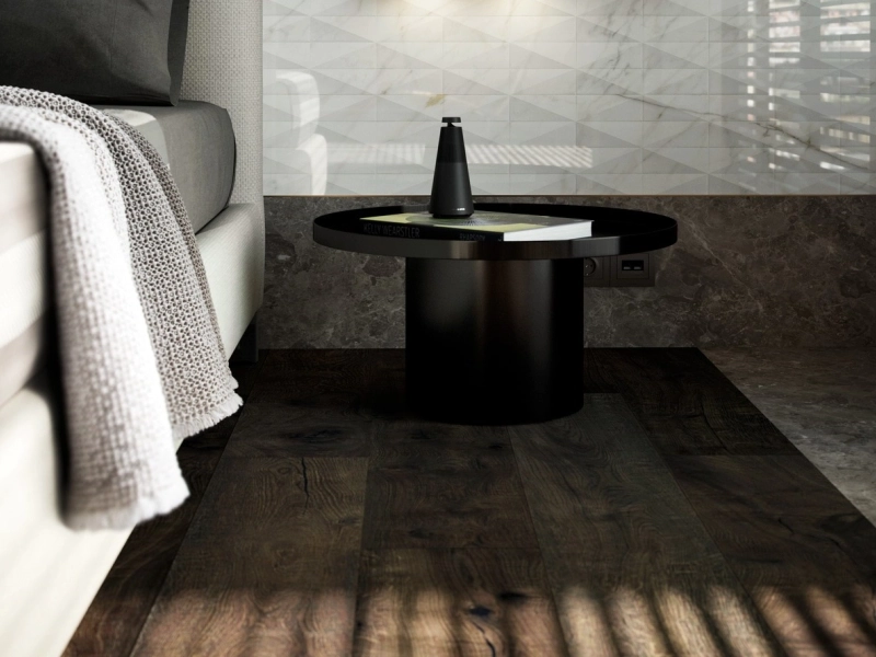 Płytki Marazzi Vero efekt drewno w nowoczesnym wnętrzu z dużymi formatami