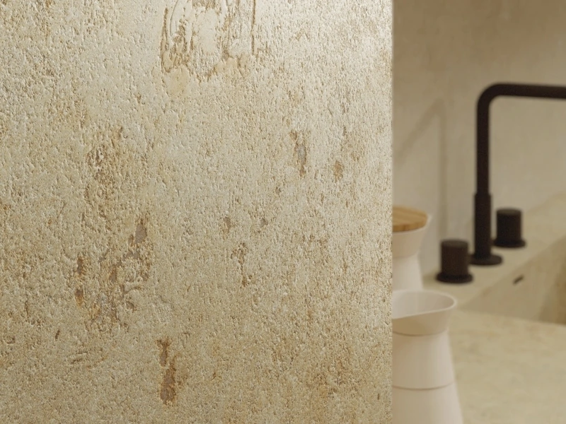 Gres Marazzi Grande Stone Look efekt kamień naturalny w nowoczesnym salonie