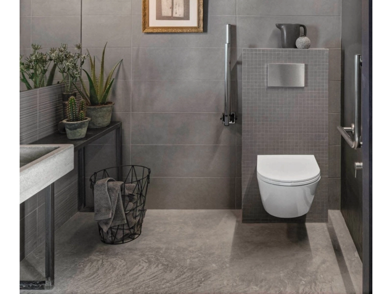 Gres porcelanowy Marazzi Chalk beton w luksusowym salonie