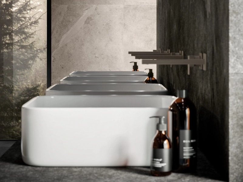 Gres Marazzi Mystone Ardesia efekt kamień naturalny w przestronnym salonie z oknami tarasowymi