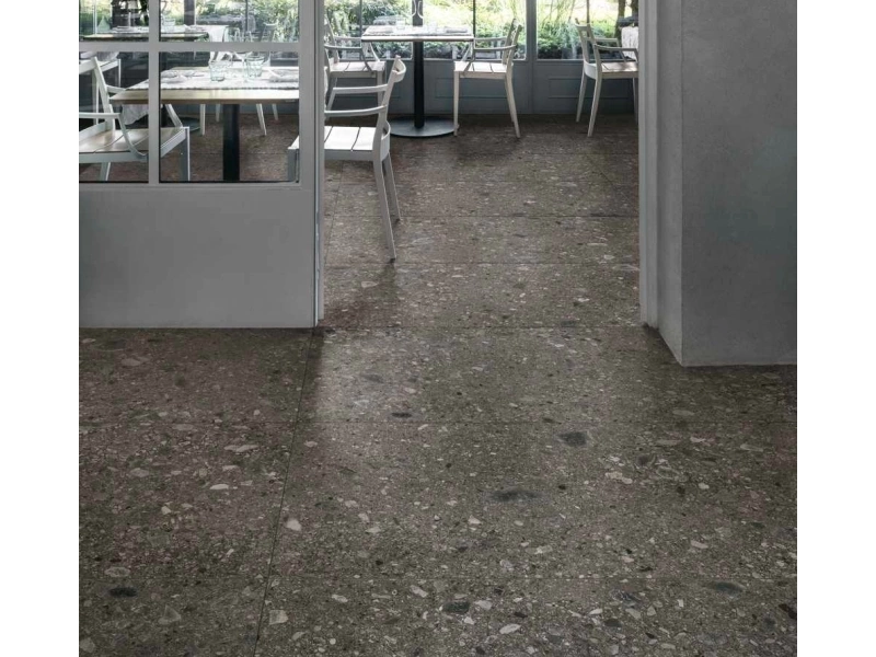 Gres porcelanowy Marazzi Mystone Ceppo DI Gre terrazzo w luksusowym salonie