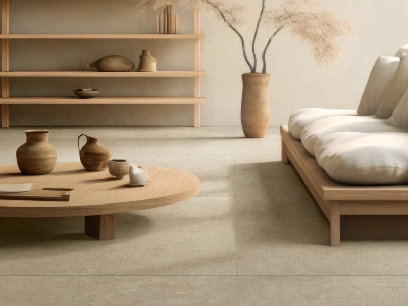 Gres Marazzi Room efekt kamień naturalny w nowoczesnym salonie
