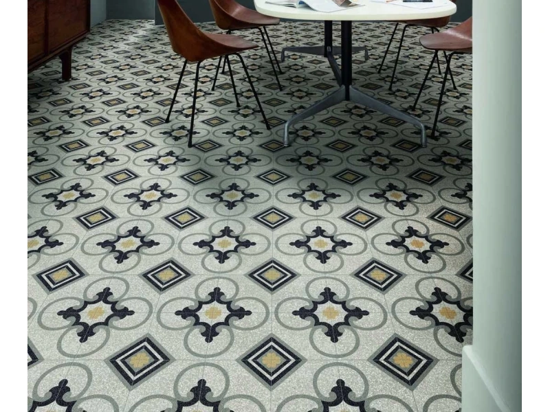 Płytki Marazzi D_segni Scaglie efekt terrazzo w nowoczesnej aranżacji salonu