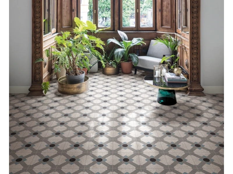 Gres Marazzi D_segni Scaglie efekt terrazzo w nowoczesnym salonie